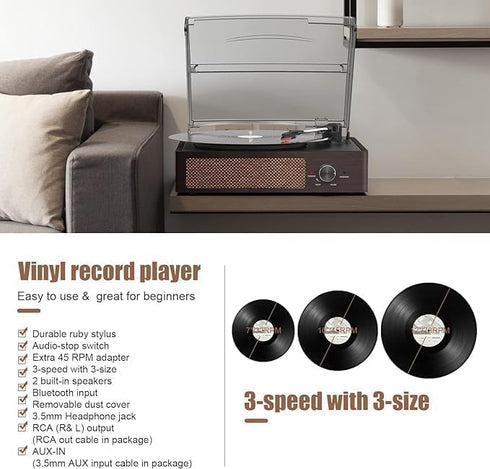 Vinyl Record Player Turntable with Built-in Bluetooth Receiver, 2 Stereo Speakers, 3 Speed Portable Retro Record Player
