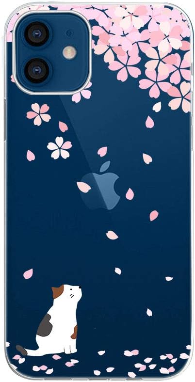 Blingy's Compatible iPhone 12 Case (6.1 inch), Cute Cat Design with Cherry Blossom Pattern, Transparent Soft TPU
