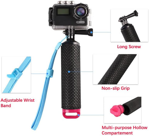 Floating Hand Grip Waterproof Selfie Stick Monopod for GoPro Hero 10, 9, 8, 7, Session, Fusion, Max, AKASO (Pink)