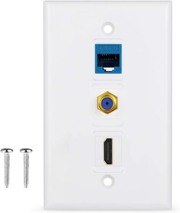 3 Port Wall Plate with Coaxial TV Cable F Type + Cat6 Ethernet + HDMI Keystone Female to Female Jack - White