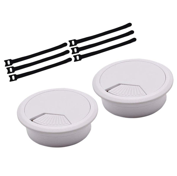 2 Inch White Wire Grommets and Cable Ties Kit, Desk Hole Cover for Computer Desk, 2pcs Grommets + 6 Ties