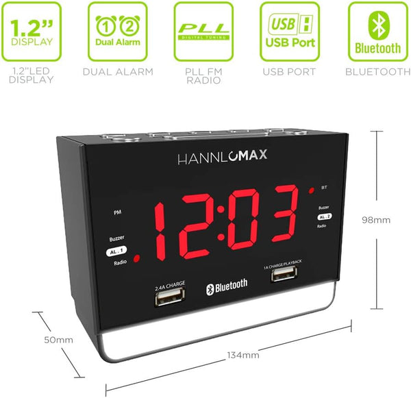 HANNLOMAX HX-131CR Alarm Clock Radio, PLL FM Radio, Bluetooth, USB Ports for Charging & MP3 Playback