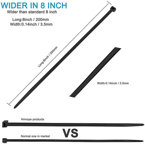 100pcs Heavy Duty Cable Zip Ties, 8 Inch Premium Plastic Wire Ties with 50 Pounds Tensile Strength, Black