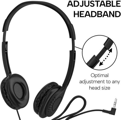Maeline Kids Headphones 20 Pack for School, Adjustable On Ear Stereo Headset with Faux Leather Cushions, Black