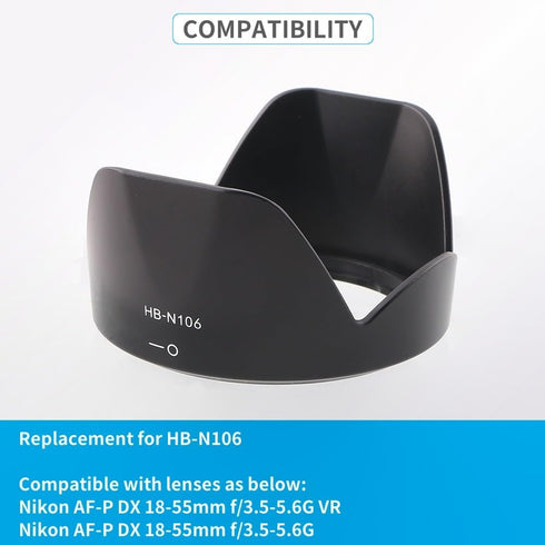 Camera Lens Hood Shade, Dedicated Bayonet Mount Hood compatible for Nikon AF-P DX 18-55mm f/3.5-5.6G VR, AF-P DX 18-55mm f/3.5-5.6G Lens replaces HB-N106