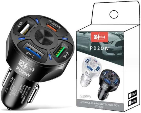 4 Port USB Fast Charging Car Charger, 3 * 2.4 A USB/1 PD20W LED Light, Compatible with iPhone 14 13 12 11 Pro Max,