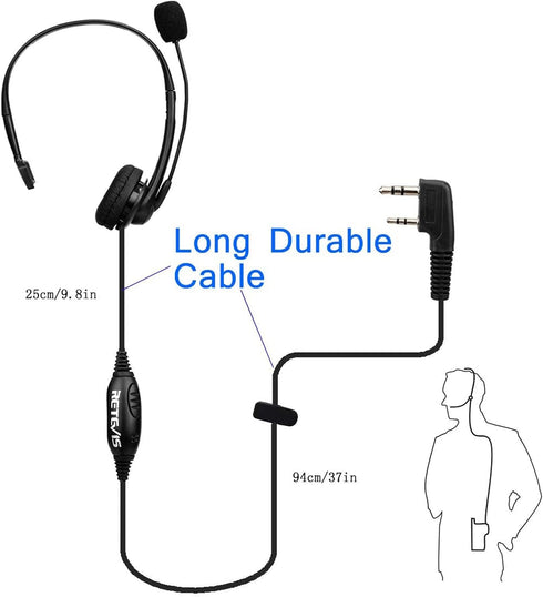 Retevis Overhead Walkie Talkie Headset with Boom Mic, 2 Pin, for RT22, RT68, RT21, H-777, RT27, RT86, RB26, RB68,
