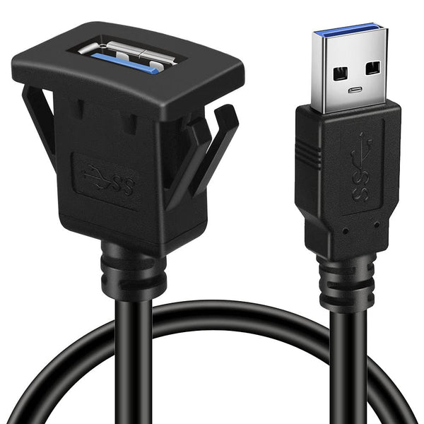 BATIGE Square USB 3.0 Panel Flush Mount Extension Cable with Buckle for Car, Truck, Boat, Motorcycle Dashboard 1ft
