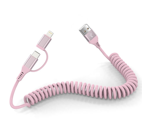 Pink Retractable Car Charger Coiled Lightning Cable, 2 in 1 for Apple Carplay & Android Auto