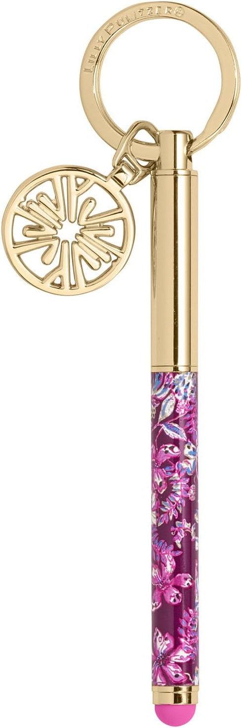 Lilly Pulitzer Keychain Pen with Stylus Tip, Mini Black Ink Ballpoint Pen for Tablets and Phones, Amarena Cherry