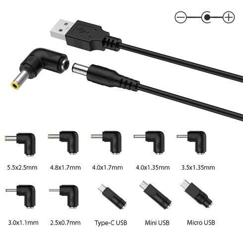 Universal USB to DC 5V Power Cord, 5FT with 10 Connector Tips (5.5x2.5, 4.8x1.7, 4.0x1.7, 4.0x1.35, 3.5x1