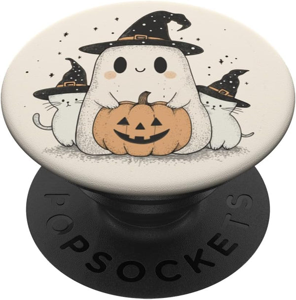 Spooky Ghost with Cats Pumpkin Cute Halloween PopSockets Standard PopGrip