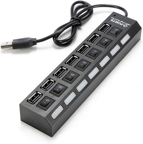 7-Port USB Hub, Black with ON/Off Switch