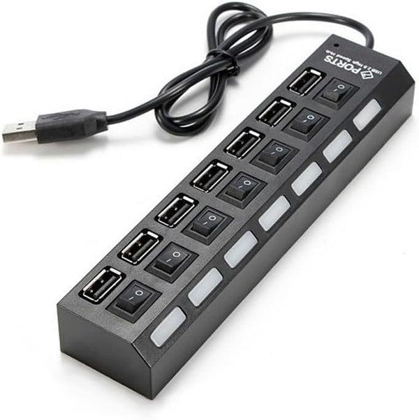 7-Port USB Hub, Black with ON/Off Switch