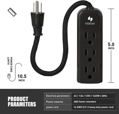 Power Strip 3 Prong Outlet, Slim Black 3 Grounded Outlets, Heavy Duty Extension Cord, No Surge Protector