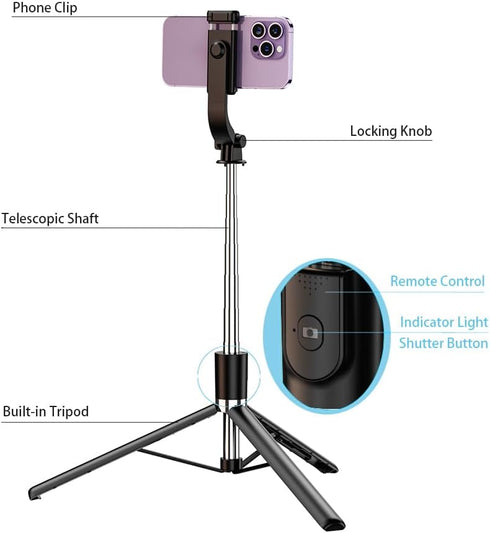 Tianle 51 Inch Selfie Stick, Phone Tripod Extendable Cell Phone Tripod Stand with Wireless Remote and Phone Holder