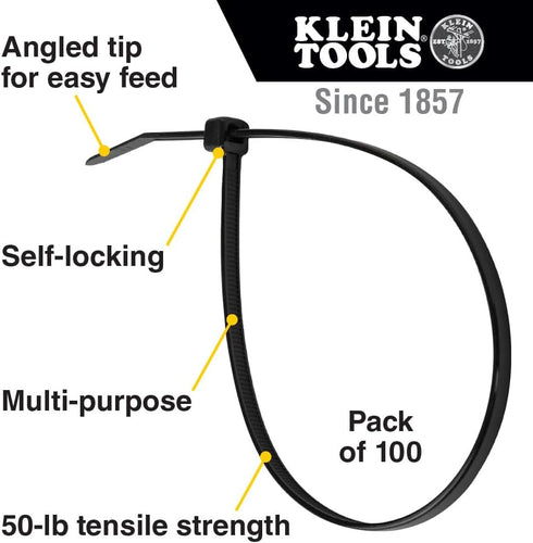 Klein Tools 450-200 Cable Ties, 50-Pound Tensile Strength, Heavy Duty Nylon Cable Zip Ties, Indoor / Outdoor Use, 7.75-Inch, Black, 100-Piece by Klein Tools