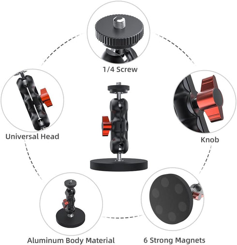 SUREWO Magnetic Camera Mount with Mini Universal Head, Magnetic Base Stand with 1/4"-20 Thread for GoPro Hero 12 11 10