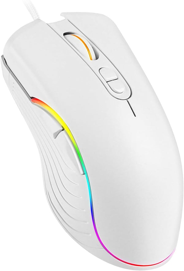Wired Gaming Mouse - RGB Ergonomic LED Backlit USB Gamer Mouse for Windows, Mac, and Linux OS, White