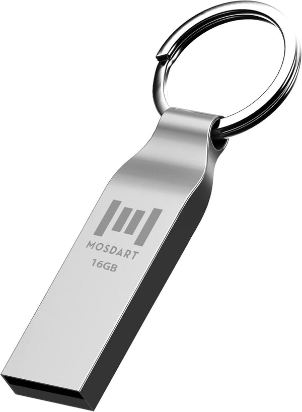 MOSDART 16GB FAT32 USB 2.0 Flash Drive - Waterproof Metal Thumb Drive with Keychain for Storage and Backup