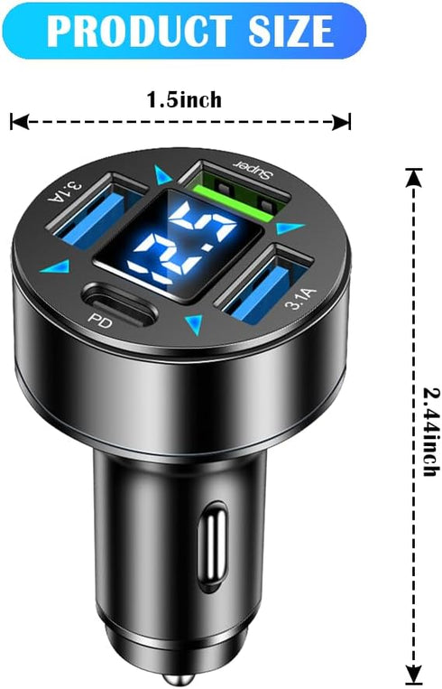 Car Charger,4 Ports Fast Car Charger with Plug Outlet/LED Voltmeter/PD3.1/Super Port,Universal Car Accessories Cigarette Lighter USB Charger Compatible with iPhone & Android (PD/Super) by OFBAND
