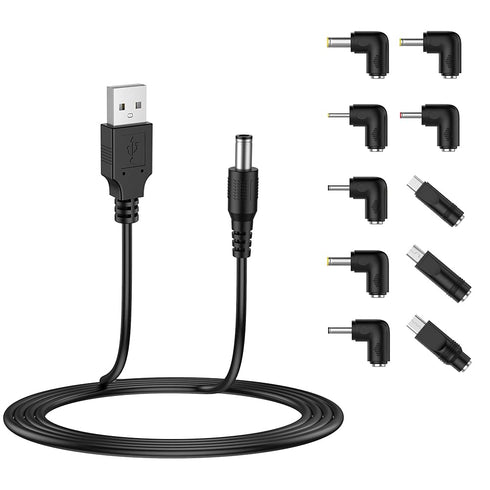 Universal USB to DC 5V Power Cord, 5FT with 10 Connector Tips (5.5x2.5, 4.8x1.7, 4.0x1.7, 4.0x1.35, 3.5x1