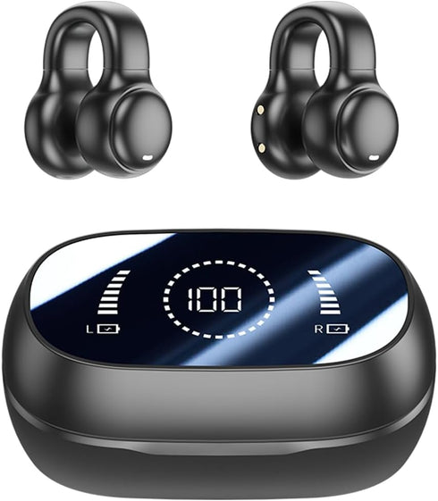 Wireless Earbuds Bluetooth 5.3, Open Ear Clip Headphones with LED Power Display, Sport Air Conduction Earphones (Black)