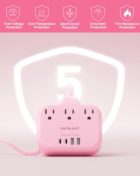 meta-ant 3 4 (2 1625W Pink Extension Cord with AC Outlets & USB Ports USB-C), Pink Desk Accessories, Cute Extension