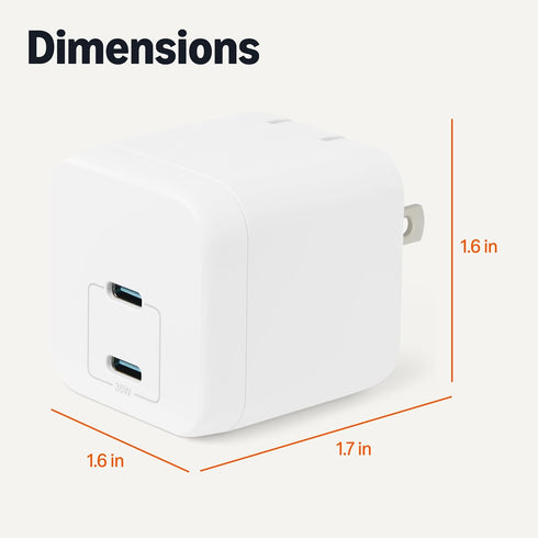 Amazon Basics 35W 2-Port 2 Fast Charging USB-C Nano GaN Wall Charger, for Phones, Tablets, Charge Devices
