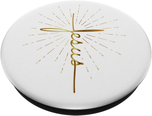 Yellow Beige Jesus Word Cross A Sunburst On White Background PopSockets Grip and Stand for Phones and Tablets PopSockets Standard PopGrip