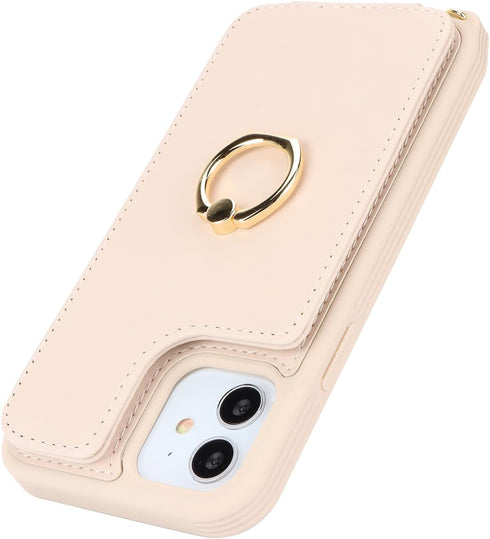 iPhone 11 Phone Case with Card Holder and Strap for Women, Crossbody Lanyard, Kickstand Ring Stand, Beige