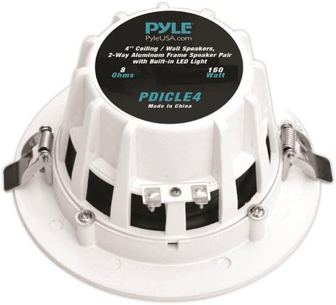 Pyle 4” Pair Flush Mount in-Wall in-Ceiling 2-Way Home Speaker System with Built-in LED Lights, White