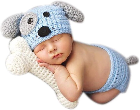 Newborn Baby Girl Boy Photo Props, Crochet Knitted Blue Dog Hat & Shorts Set for Photography Shoot (0-6 Months)