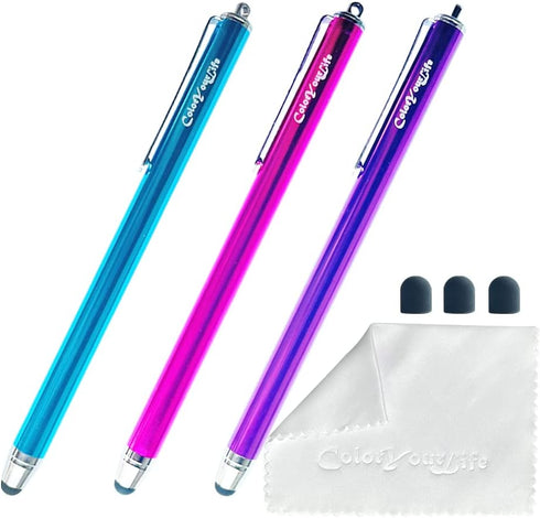 Bundle of 3-Pack Thin Tip High Precision Stylus Pens, 5.5" with Replaceable Tips and Microfiber Cloth (Purple, Hot