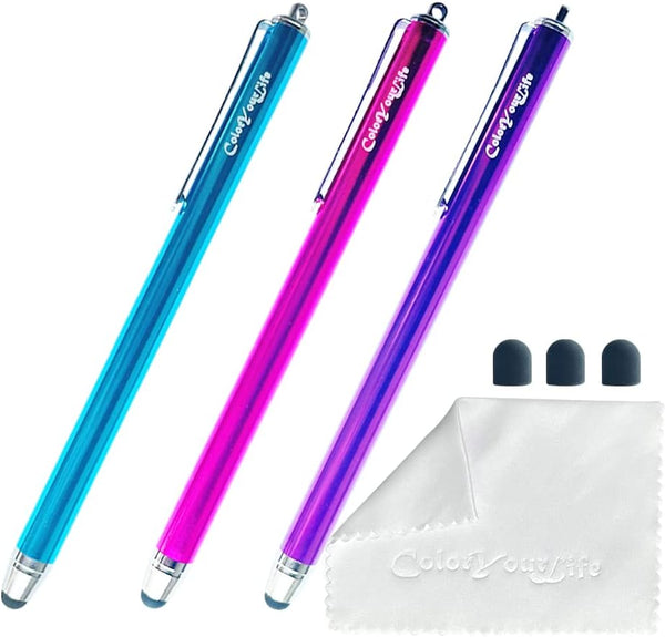 Bundle of 3-Pack Thin Tip High Precision Stylus Pens, 5.5" with Replaceable Tips and Microfiber Cloth (Purple, Hot