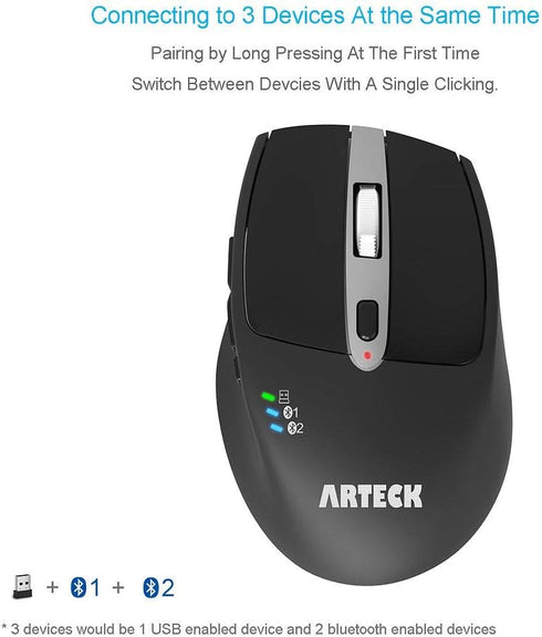Arteck Wireless Bluetooth Mouse with Nano USB Receiver, Black, 4-Month Battery Life, Ergonomic Design