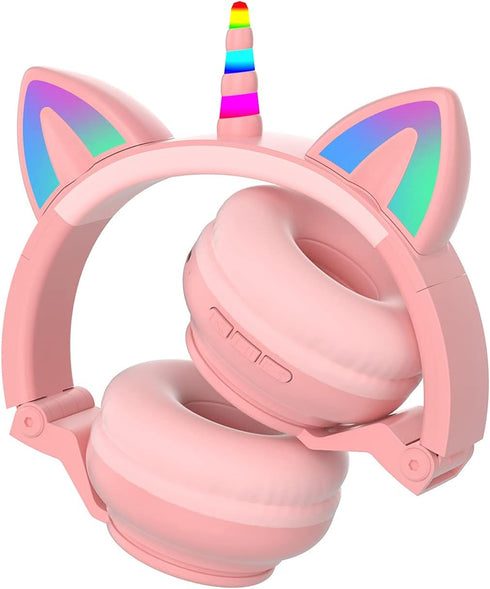Unicorn Kids Headphones for Girls, Foldable Bluetooth Headphones for Toddlers, Light Up Wireless Headphones, Birthday