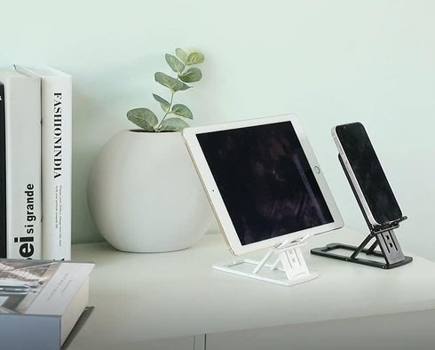 GoldenCrest Cell Phone and Tablet Stand for Desk, Slim and Fully Foldable with Adjustable Angle and Height, Sturdy