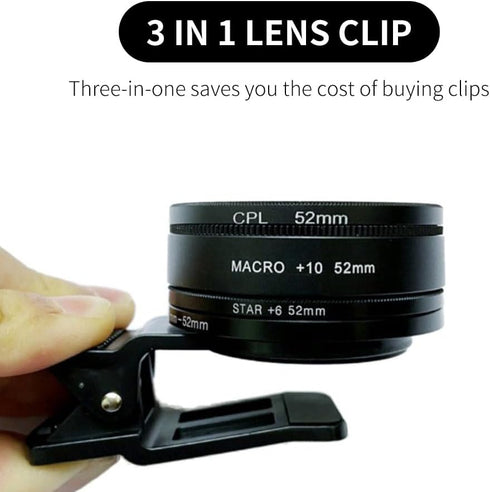 52mm Clip-on Phone Camera Lens Filter, 3 in 1 Lens Filter Kit, CPL Lens + Macro Lens + Star Lens for Smartphones