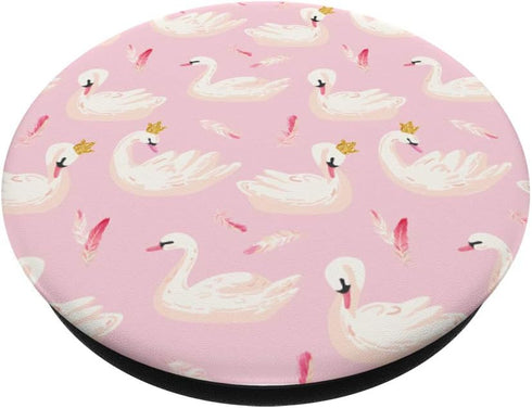 Cute Swans White with Feathers and Crowns Pattern on Pink PopSockets PopGrip for Phones & Tablets