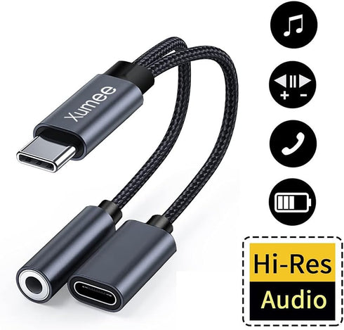 Xumee USB Type C to 3.5mm Headphone and charger adapter, 2-in-1 USB C to Aux Audio jack Hi-Res DAC and Fast Charging Dongle Cable Compatible with iPhone 15 Pro Max,Galaxy S24 S23 Ultra S22 S21 (Grey)
