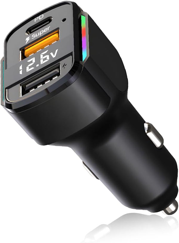 USB C Car Charger, 3-Port Fast Car Charger PD3.0 & QC3.0 with LED Digital Display, Cigarette Lighter Fast Charging