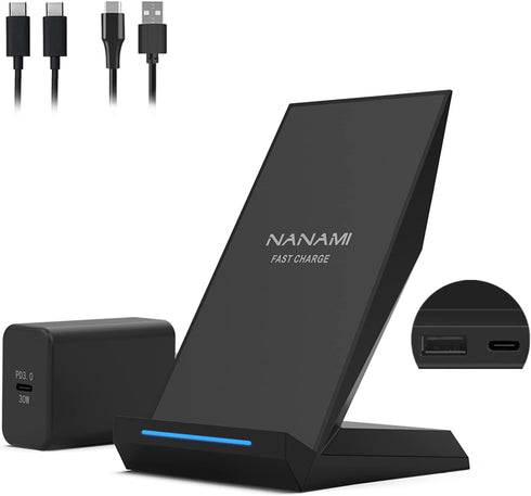 NANAMI 30W Max Wireless Charger, Qi Certified Fast Charging Stand with USB-A Port, Compatible with iPhone