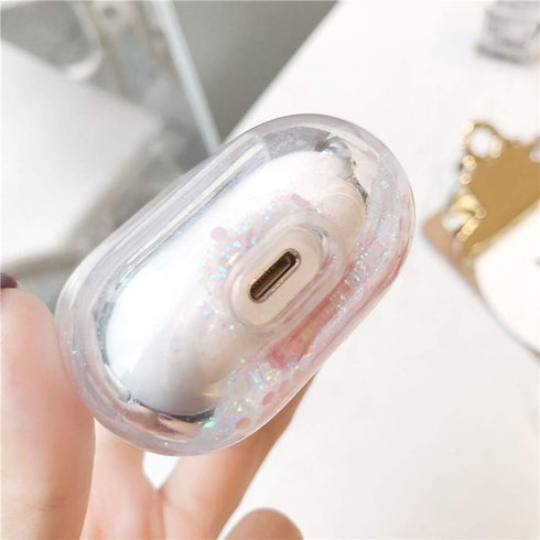 UnnFiko Bling Quicksand Case for AirPods 1/2, Cute Sparkle Liquid Protective Cover with Keychain (Silver Pink)