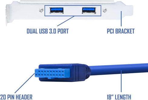 Kingwin USB 3.0 PCI Bracket Cable with Dual Ports, 20-Pin to USB 3.0 Adapter for Desktop PC