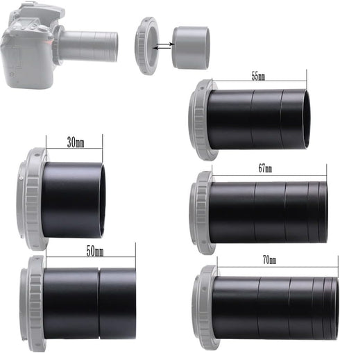 Telescope T2-Extension Tube Kit for SLR Cameras, Lengths 3mm to 55mm, M42x0.75 on Both Sides (Upgraded)