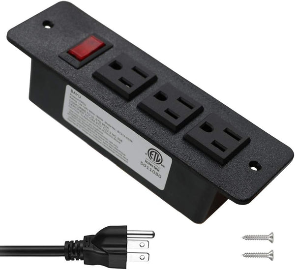 Recessed Power Strip, Countertop Grommet Desk Mountable Power Strip, Black Outlets for Cabinet Sofa Shelf, UL/ETL