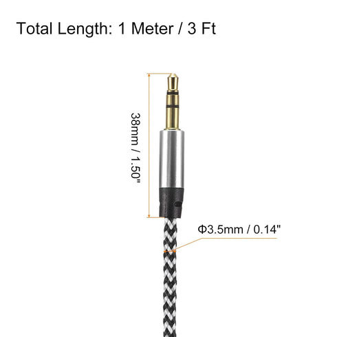 MECCANIXITY Aux Cable 3.5mm Male to Male Nylon Braided 3Ft 3 Pole Hi-Fi Stereo Sound Auxiliary Cord Silver for Earphones, Smart Phones, Home/Car Stereos, Speakers, Computers