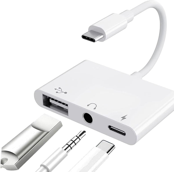 USB C to USB Adapter for MacBook, 3-in-1 OTG Splitter with 3.5mm Audio Jack and PD Fast Charging Port for iPhone 15