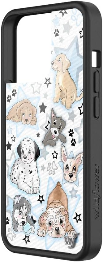 Wildflower Cases Puppy Party Case for Apple iPhone 13 Pro | Trendy Blue, Dogs, White, Protective Black Bumper, 4ft Drop